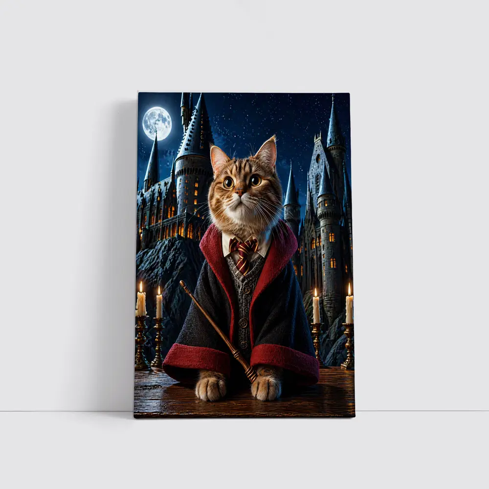 Wizard Cat in Hogwarts Castle Night – Wall Art
