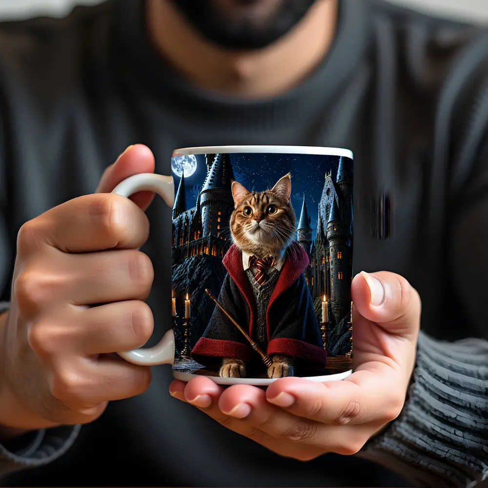 Wizard Cat in Hogwarts Castle Night – Mugs