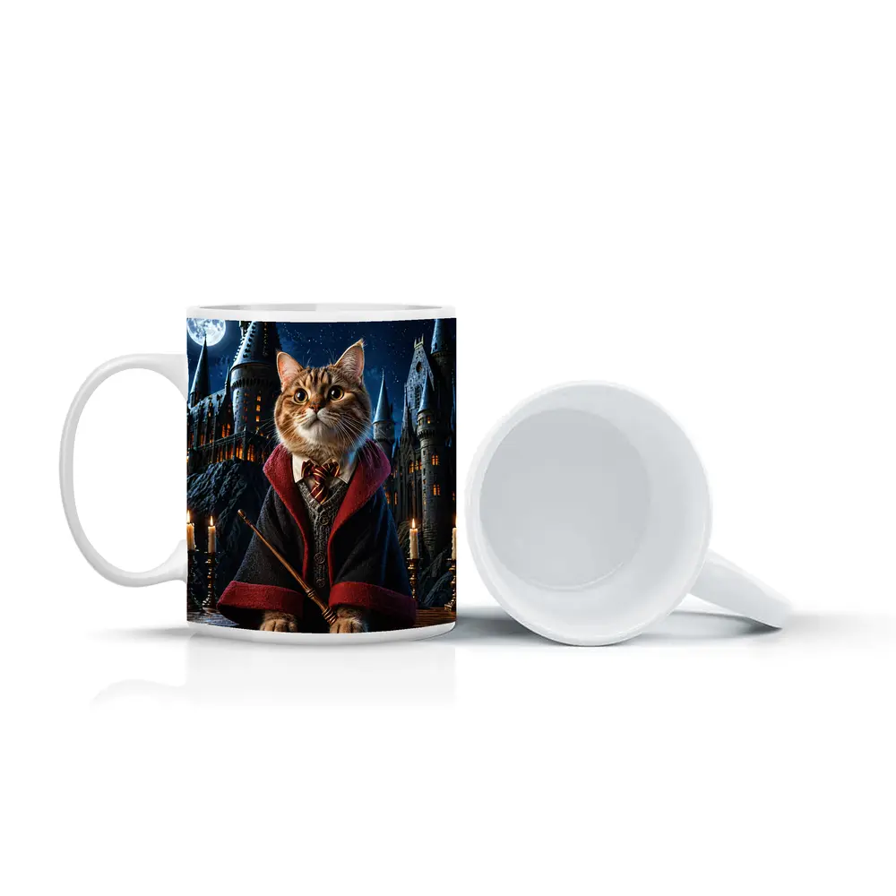 Wizard Cat in Hogwarts Castle Night – Mugs