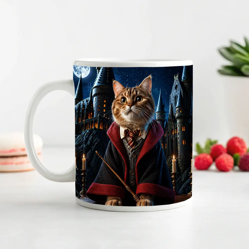 Wizard Cat in Hogwarts Castle Night – Mugs