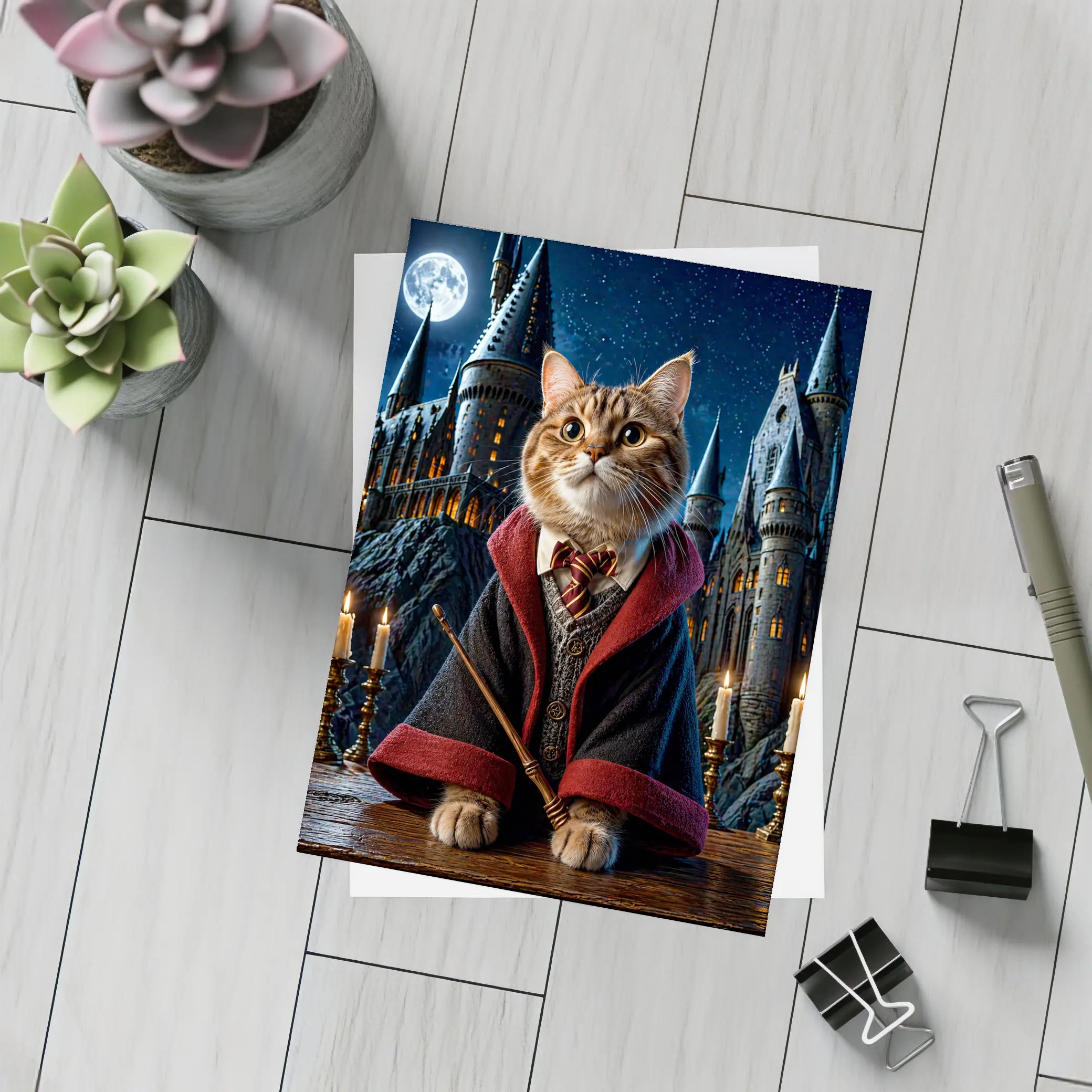 Wizard Cat in Hogwarts Castle Night – Postcards