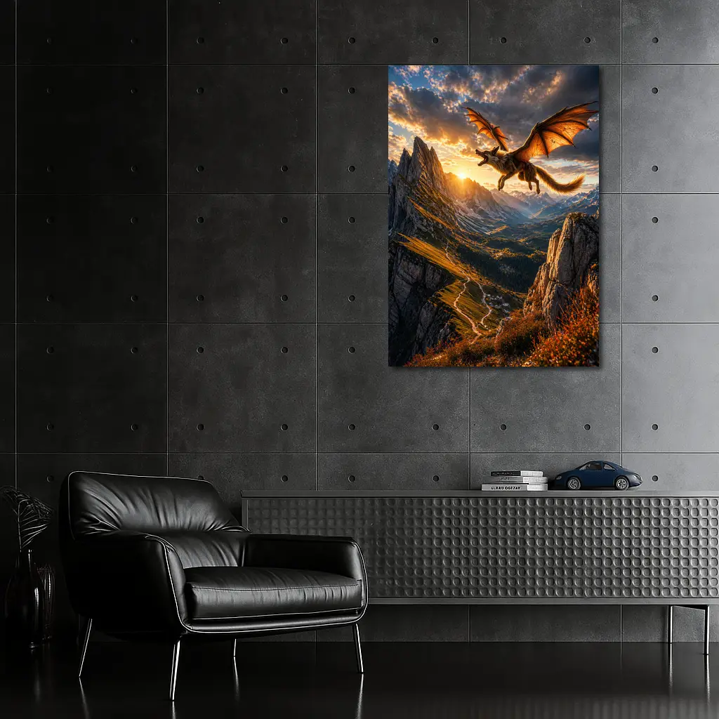Dragon Wolf Flying Over Mountain Sunset – Wall Art