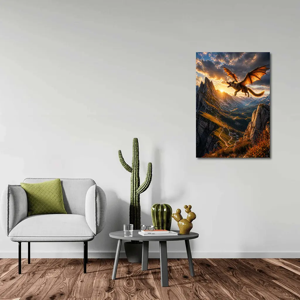 Dragon Wolf Flying Over Mountain Sunset – Wall Art