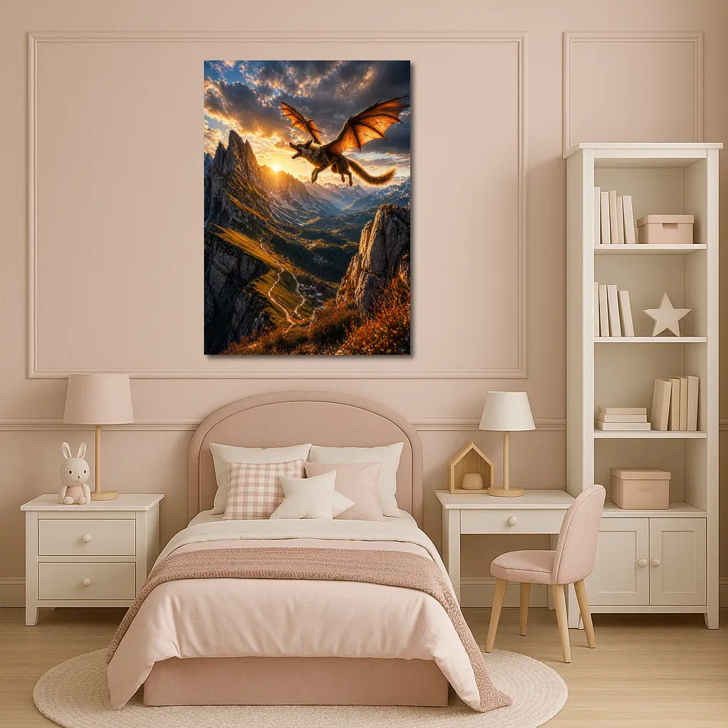 Dragon Wolf Flying Over Mountain Sunset – Wall Art