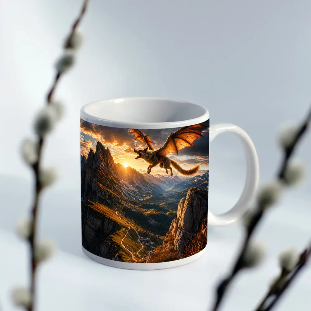 Dragon Wolf Flying Over Mountain Sunset – Mugs