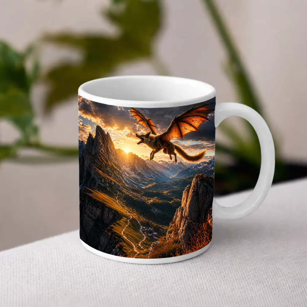 Dragon Wolf Flying Over Mountain Sunset – Mugs