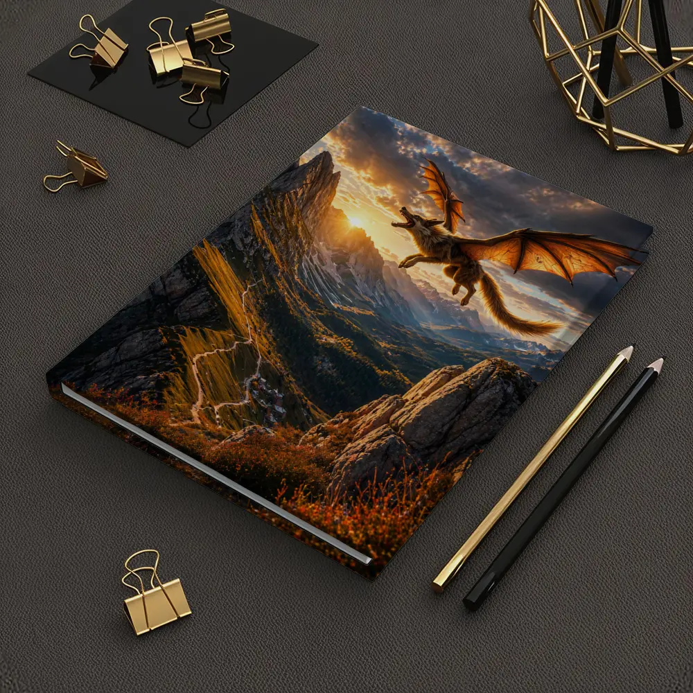 Dragon Wolf Flying Over Mountain Sunset – Notebooks