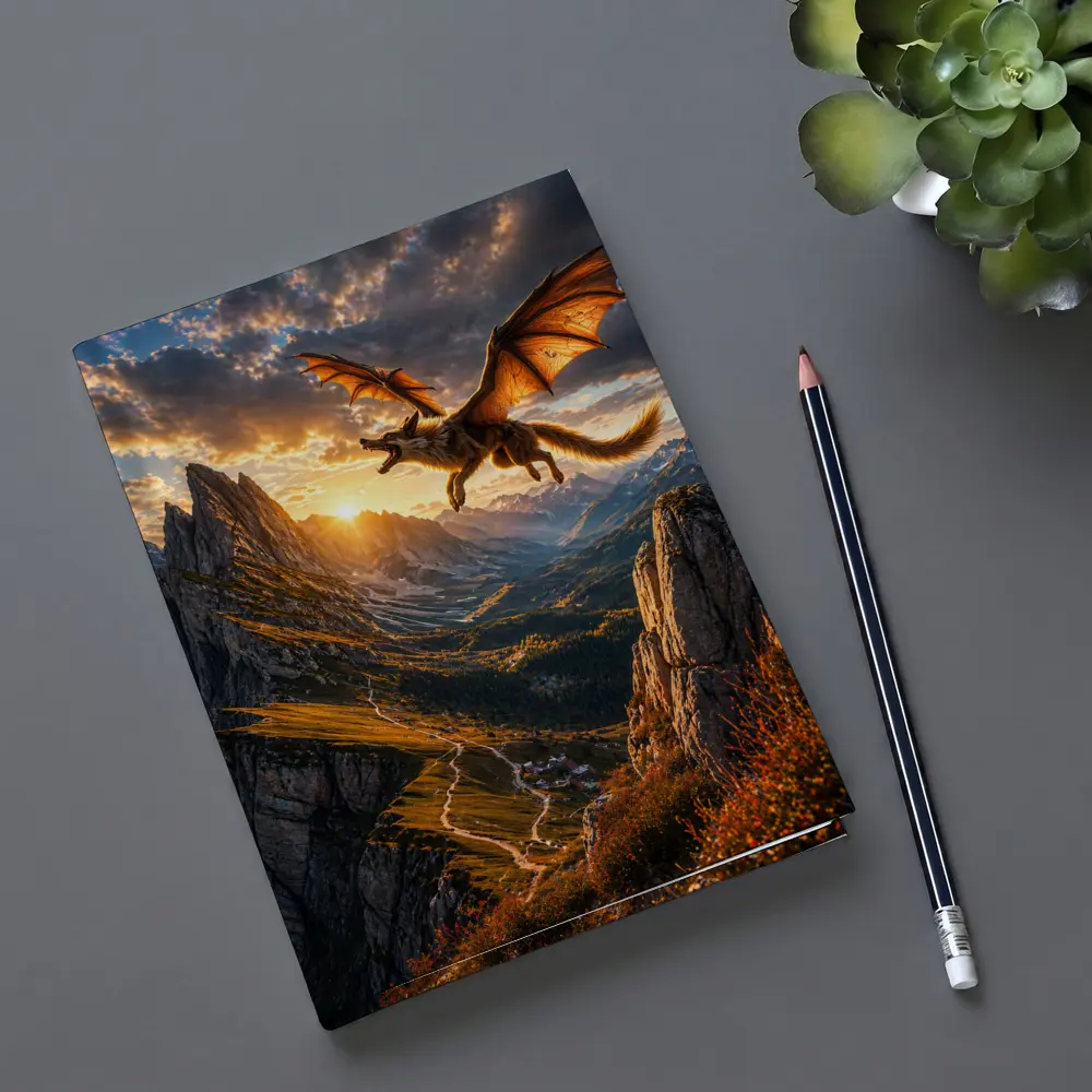 Dragon Wolf Flying Over Mountain Sunset – Notebooks