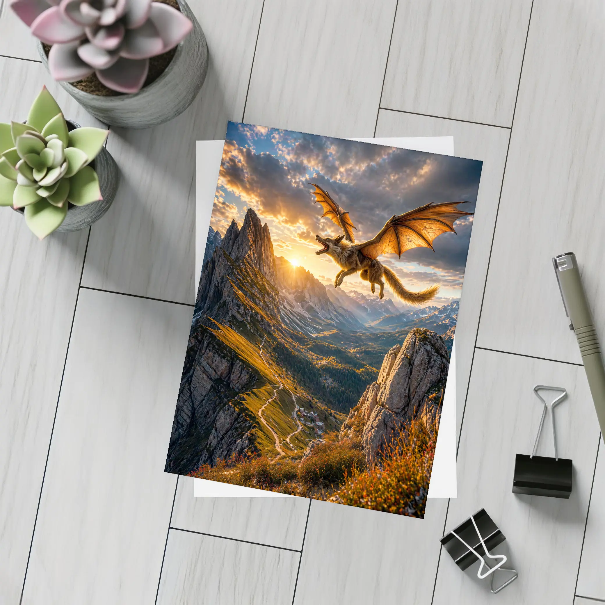 Dragon Wolf Flying Over Mountain Sunset – Postcards