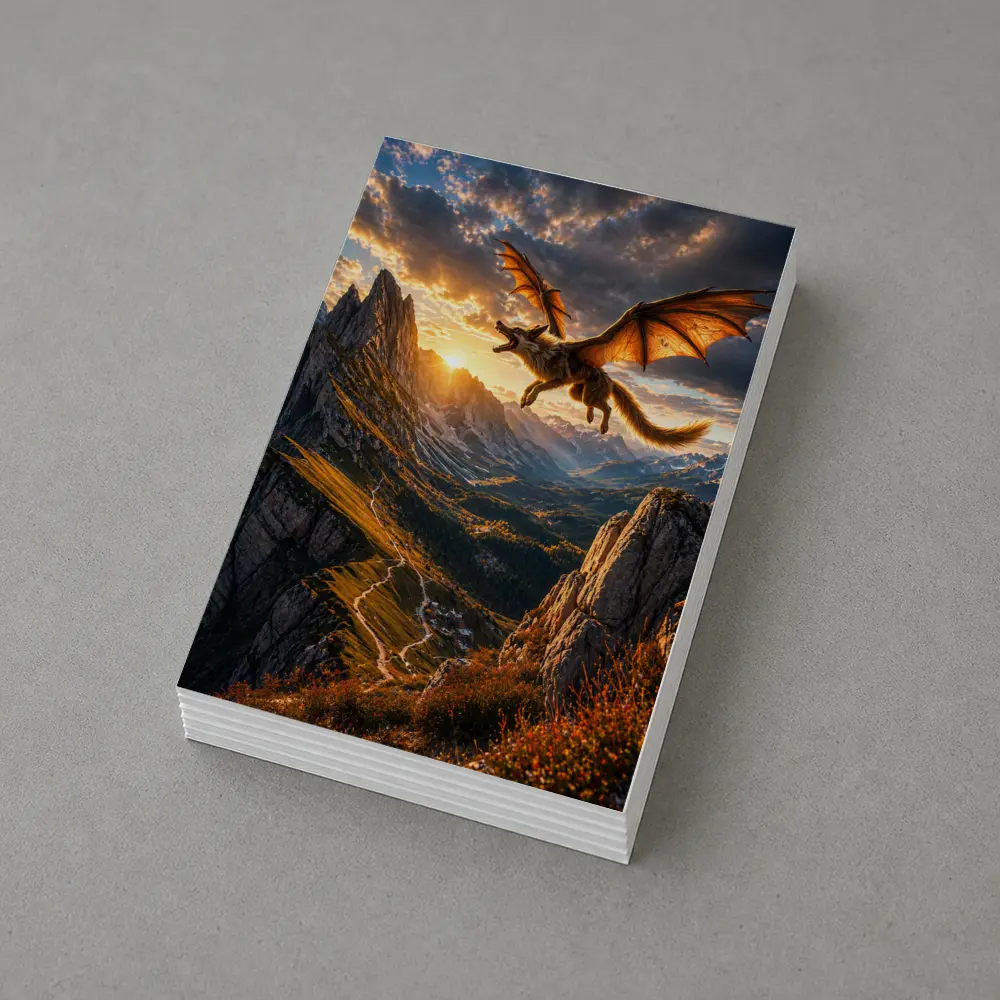 Dragon Wolf Flying Over Mountain Sunset – Postcards