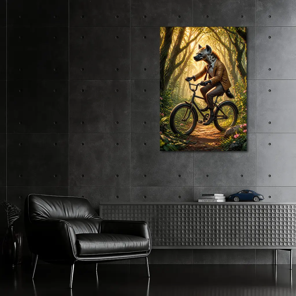 Hyena In Suit Riding Bicycle Forest – Wall Art