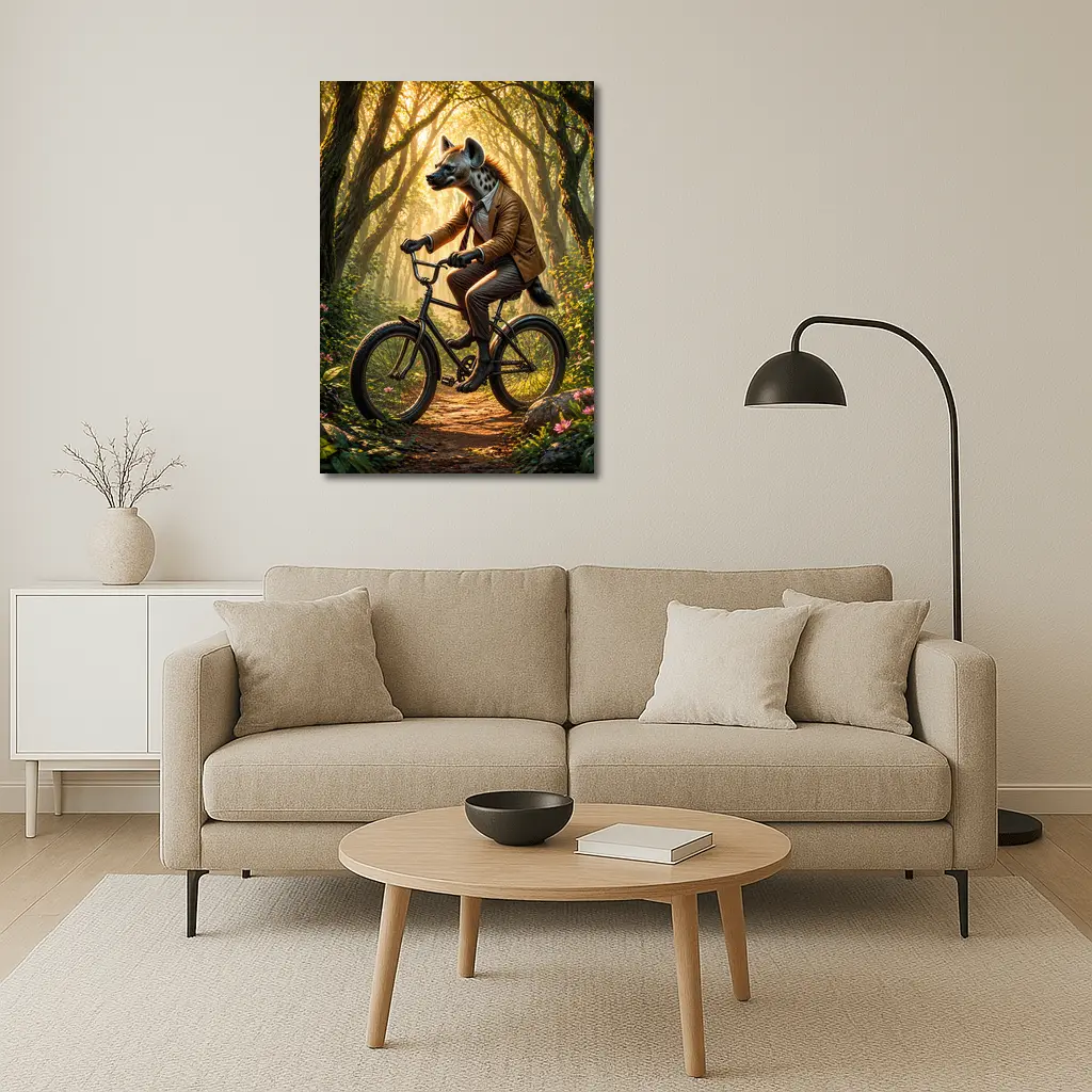 Hyena In Suit Riding Bicycle Forest – Wall Art