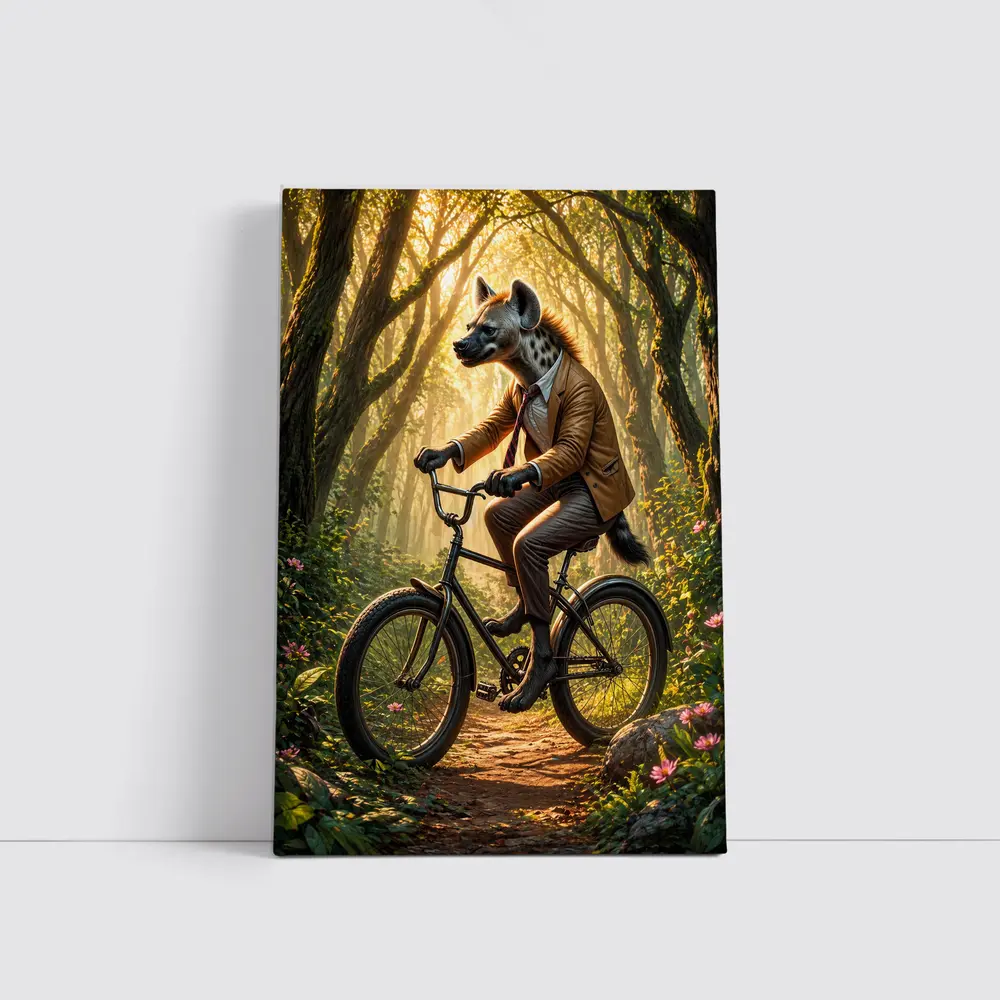 Hyena In Suit Riding Bicycle Forest – Wall Art