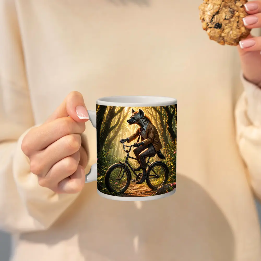 Hyena In Suit Riding Bicycle Forest – Mugs