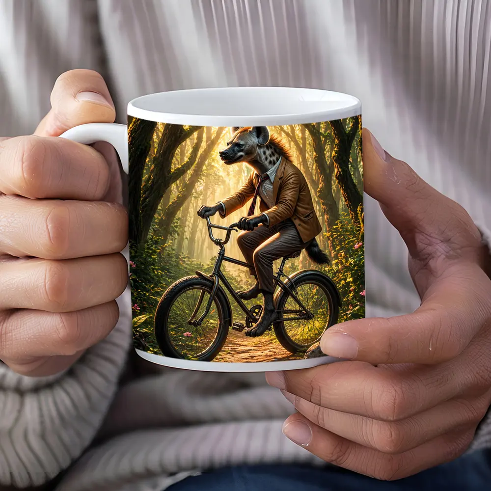 Hyena In Suit Riding Bicycle Forest – Mugs