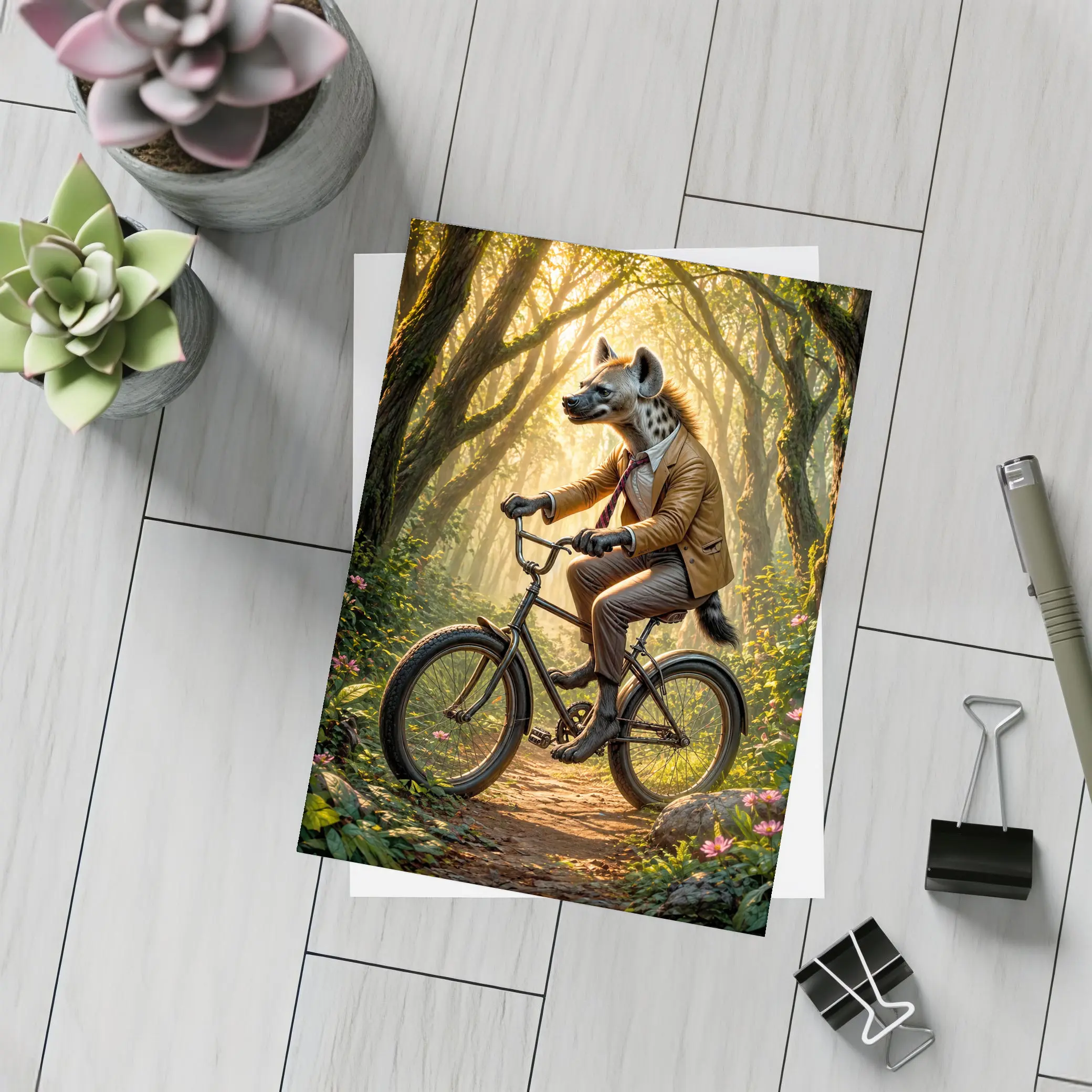Hyena In Suit Riding Bicycle Forest – Postcards