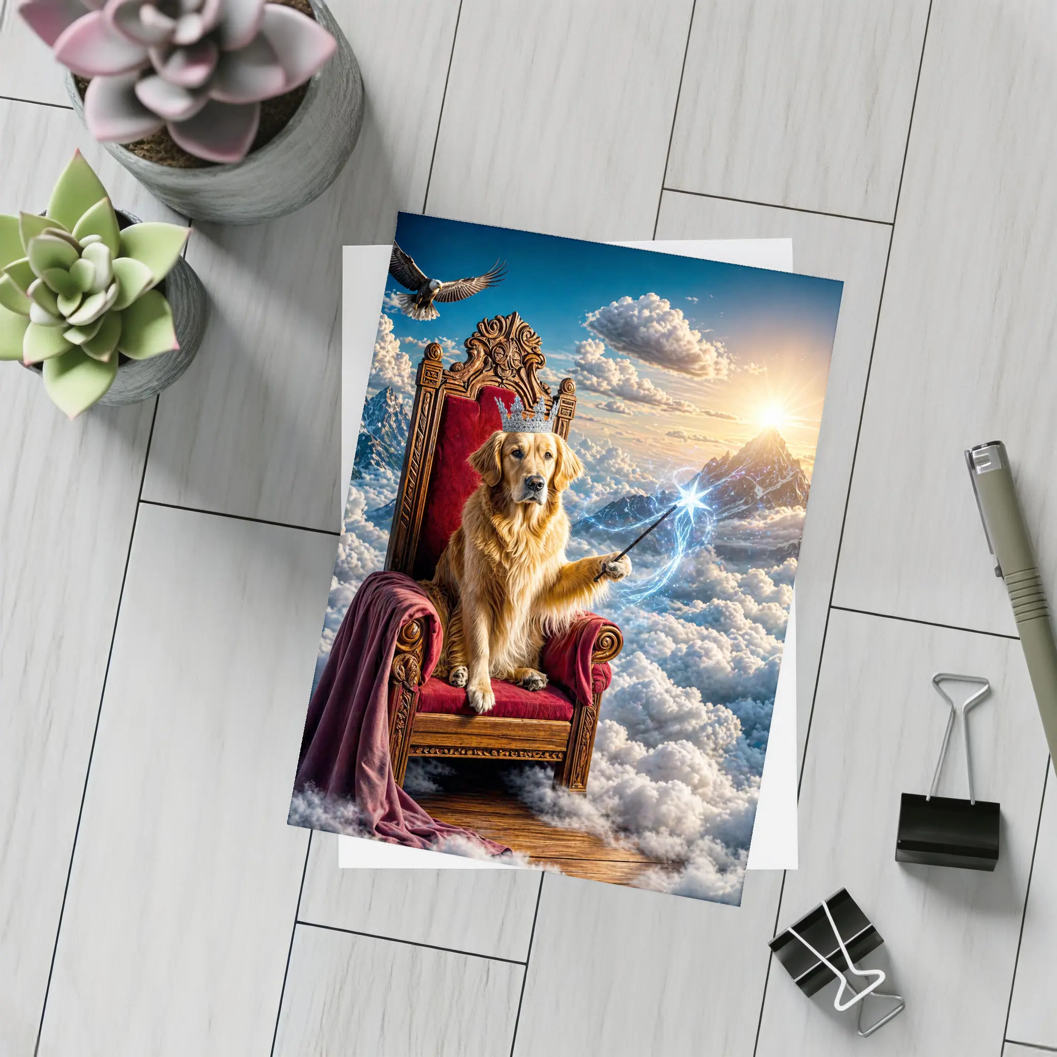 Golden Retriever King Throne Magical Clouds Fantasy – Postcards