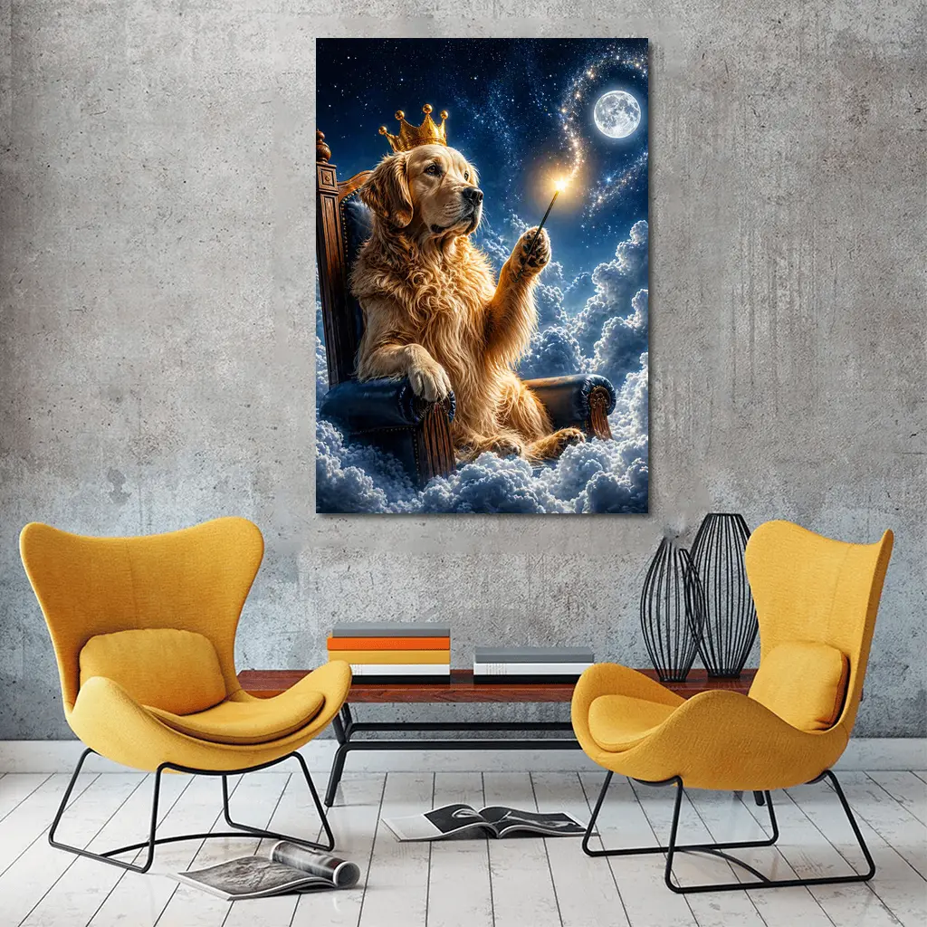 Golden Retriever King Throne Clouds Night Sky – Wall Art