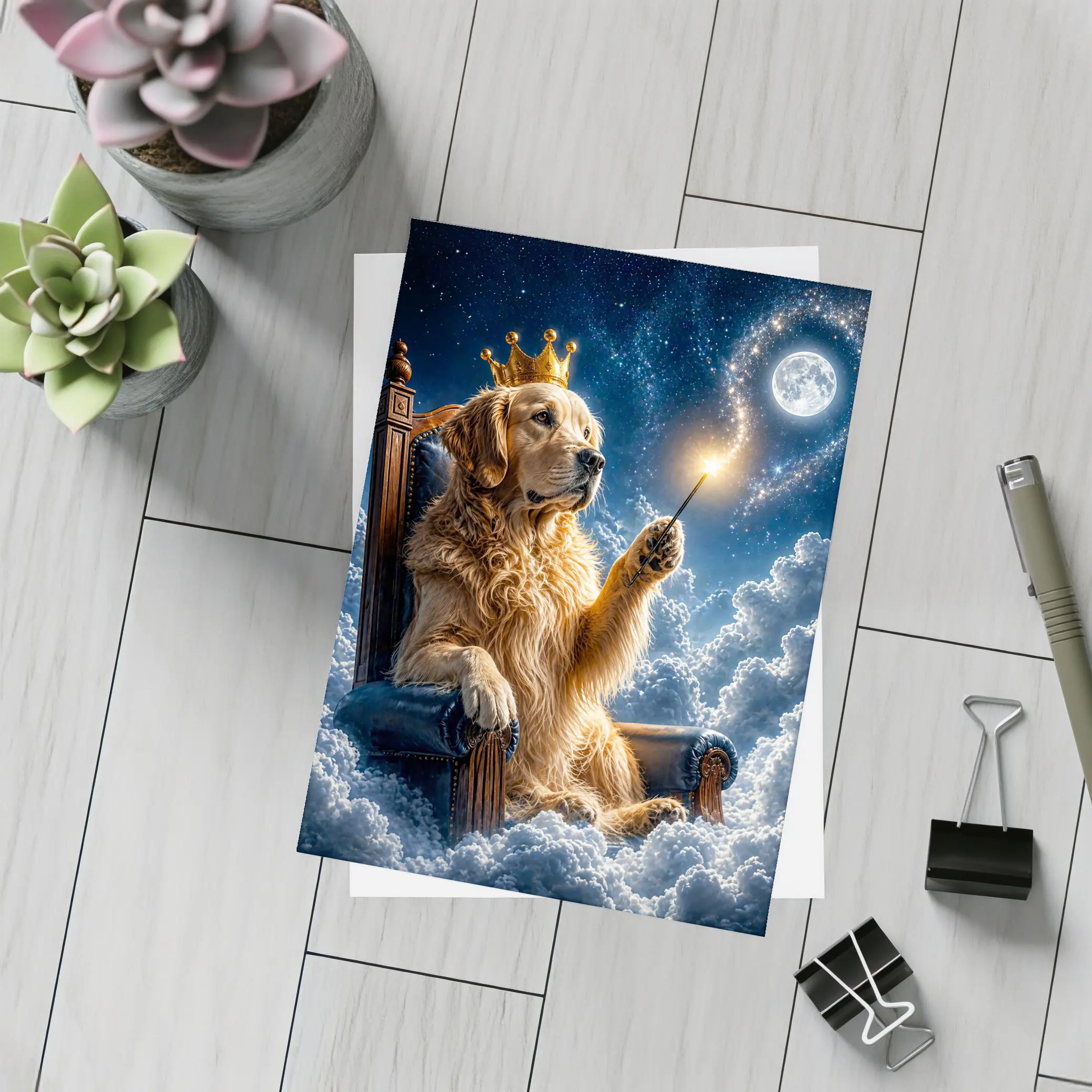 Golden Retriever King Throne Clouds Night Sky – Postcards