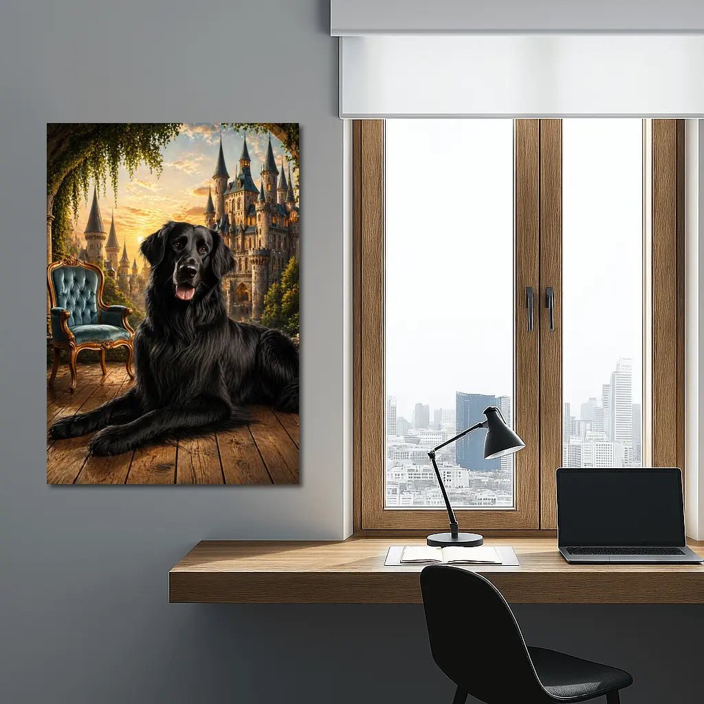 Black Flat Coated Retriever Fantasy Castle Sunset – Wall Art