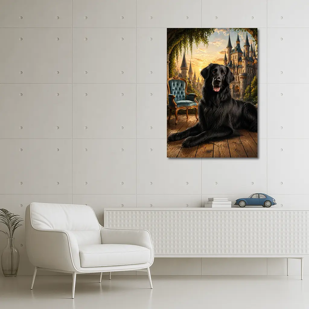 Black Flat Coated Retriever Fantasy Castle Sunset – Wall Art