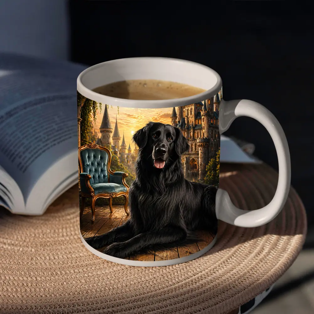 Black Flat Coated Retriever Fantasy Castle Sunset – Mugs