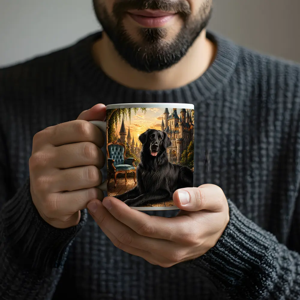 Black Flat Coated Retriever Fantasy Castle Sunset – Mugs