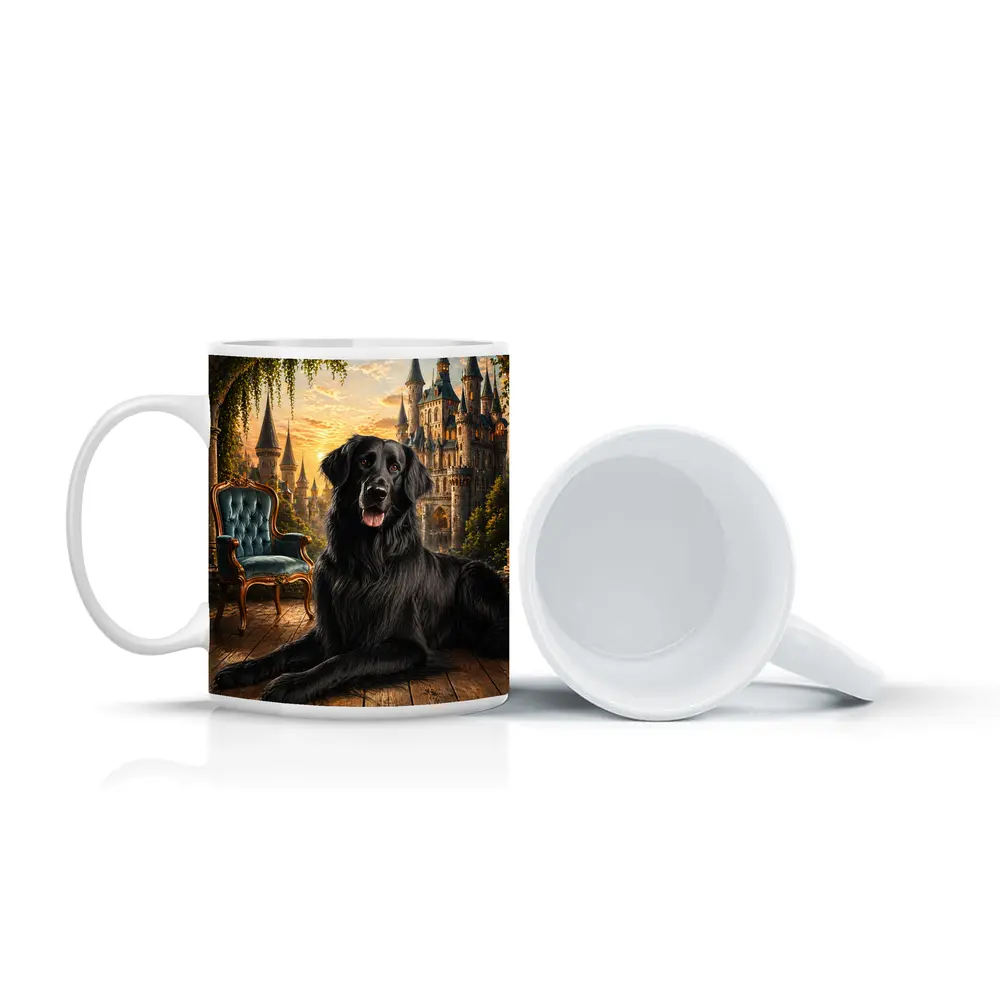 Black Flat Coated Retriever Fantasy Castle Sunset – Mugs