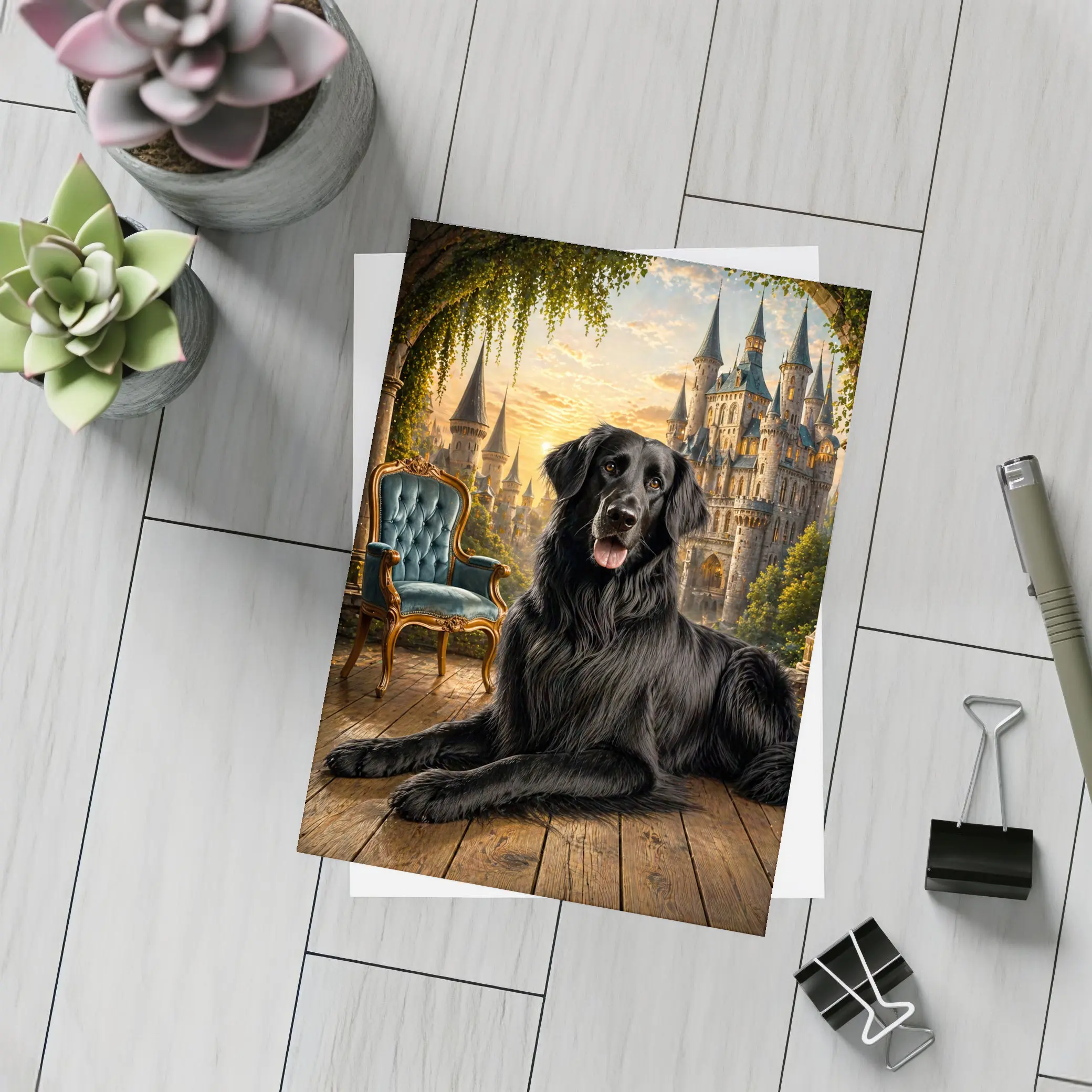 Black Flat Coated Retriever Fantasy Castle Sunset – Postcards
