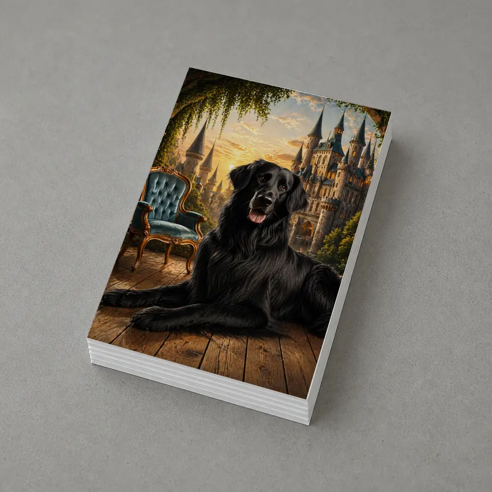 Black Flat Coated Retriever Fantasy Castle Sunset – Postcards
