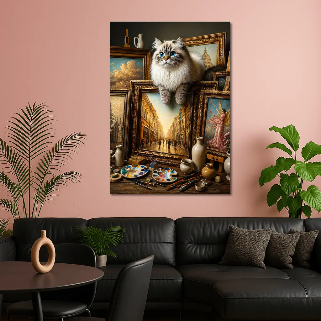 Ragdoll Cat Perched Among Classical Oil Paintings – Wall Art