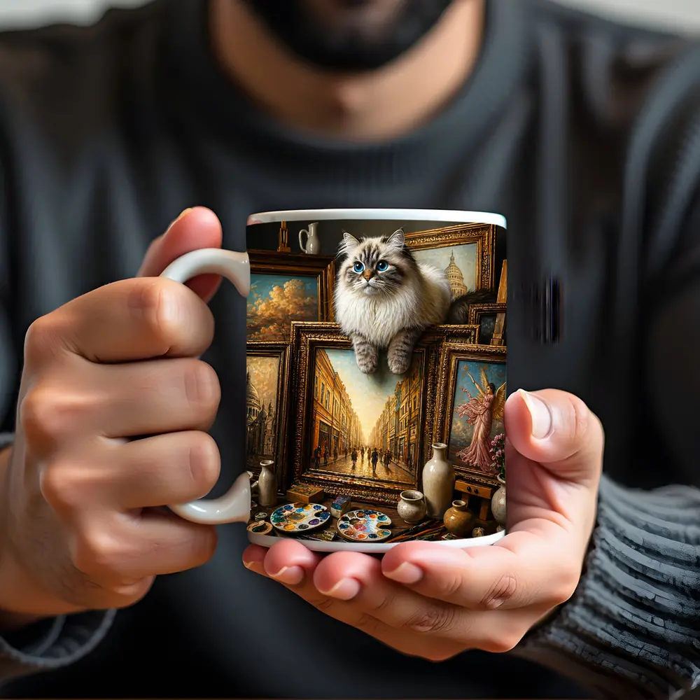 Ragdoll Cat Perched Among Classical Oil Paintings – Mugs