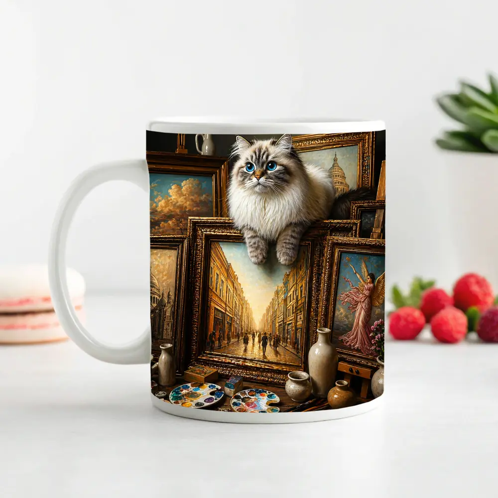 Ragdoll Cat Perched Among Classical Oil Paintings – Mugs