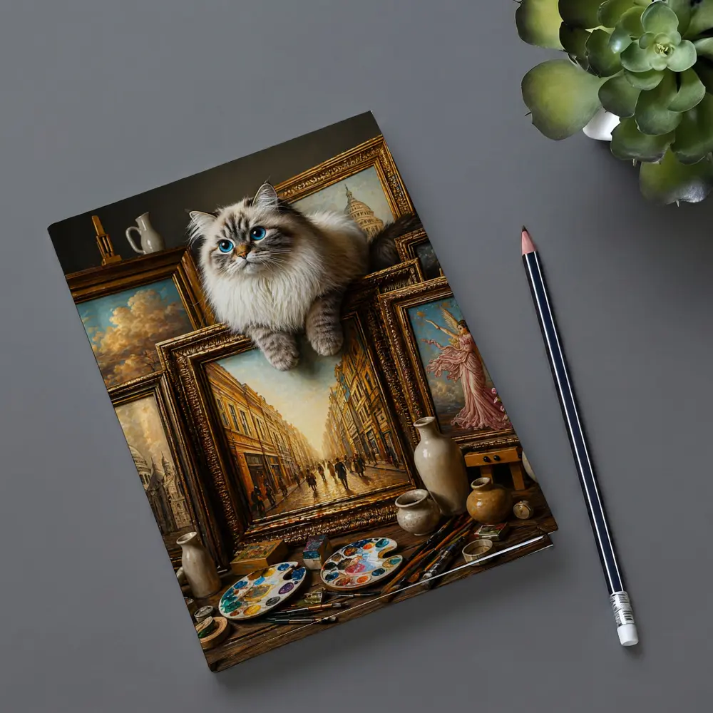 Ragdoll Cat Perched Among Classical Oil Paintings – Notebooks