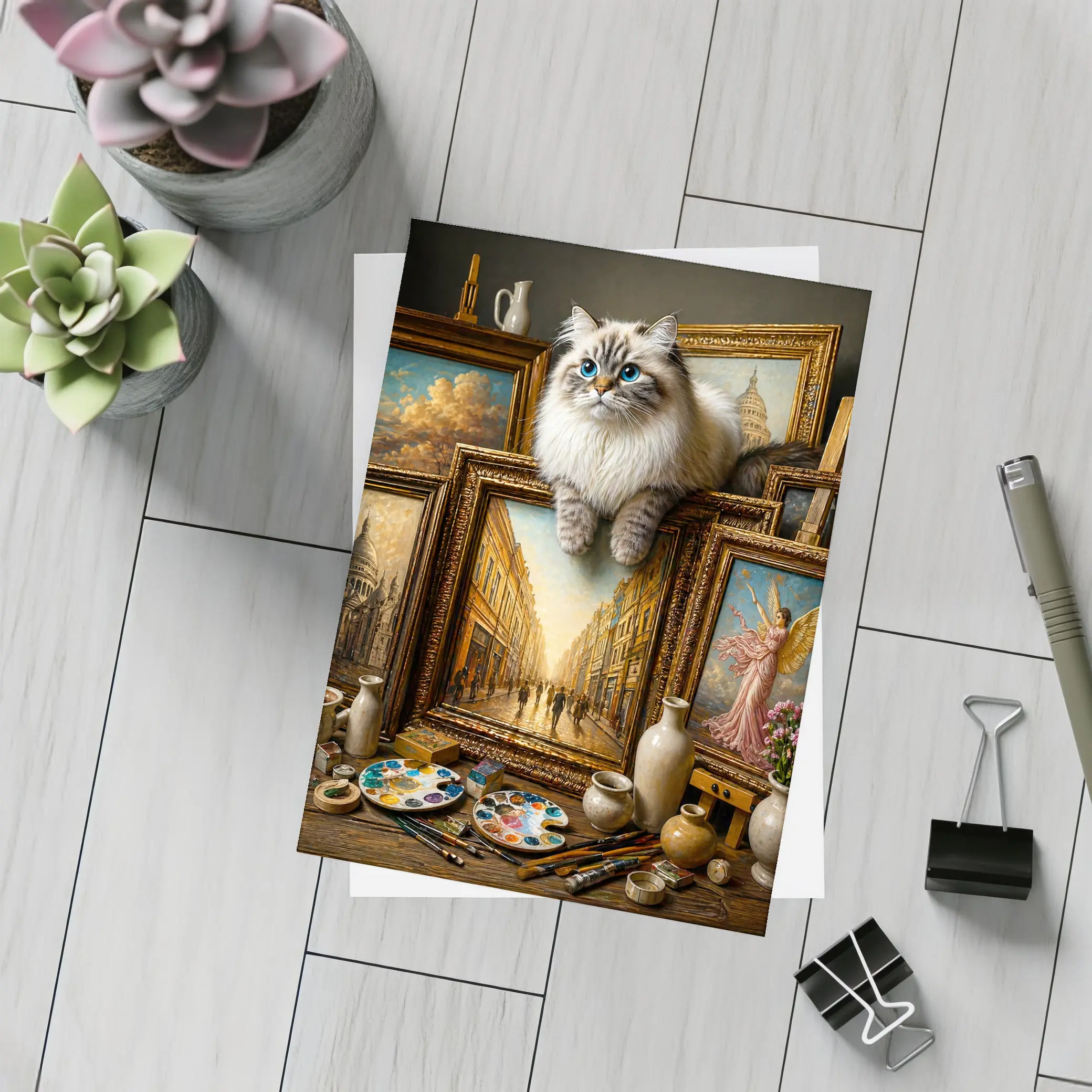 Ragdoll Cat Perched Among Classical Oil Paintings – Postcards