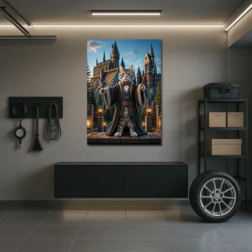 Wizard Cat Standing Before Magic Castle – Wall Art