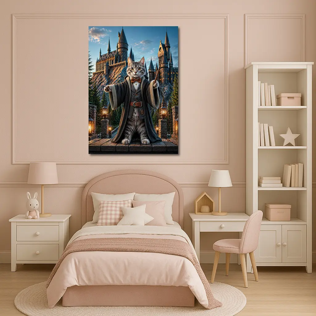 Wizard Cat Standing Before Magic Castle – Wall Art