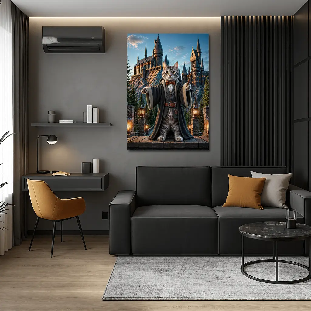 Wizard Cat Standing Before Magic Castle – Wall Art