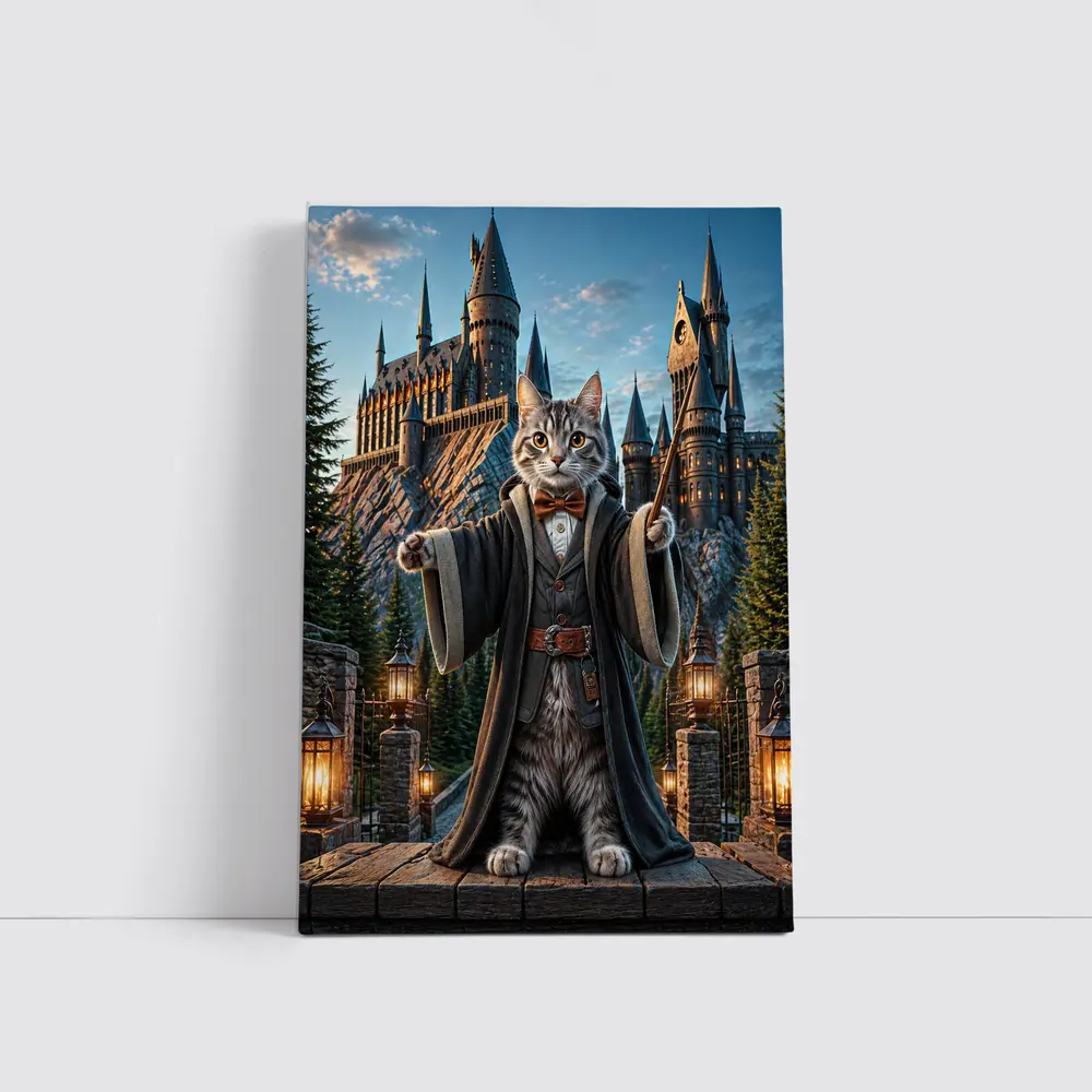 Wizard Cat Standing Before Magic Castle – Wall Art