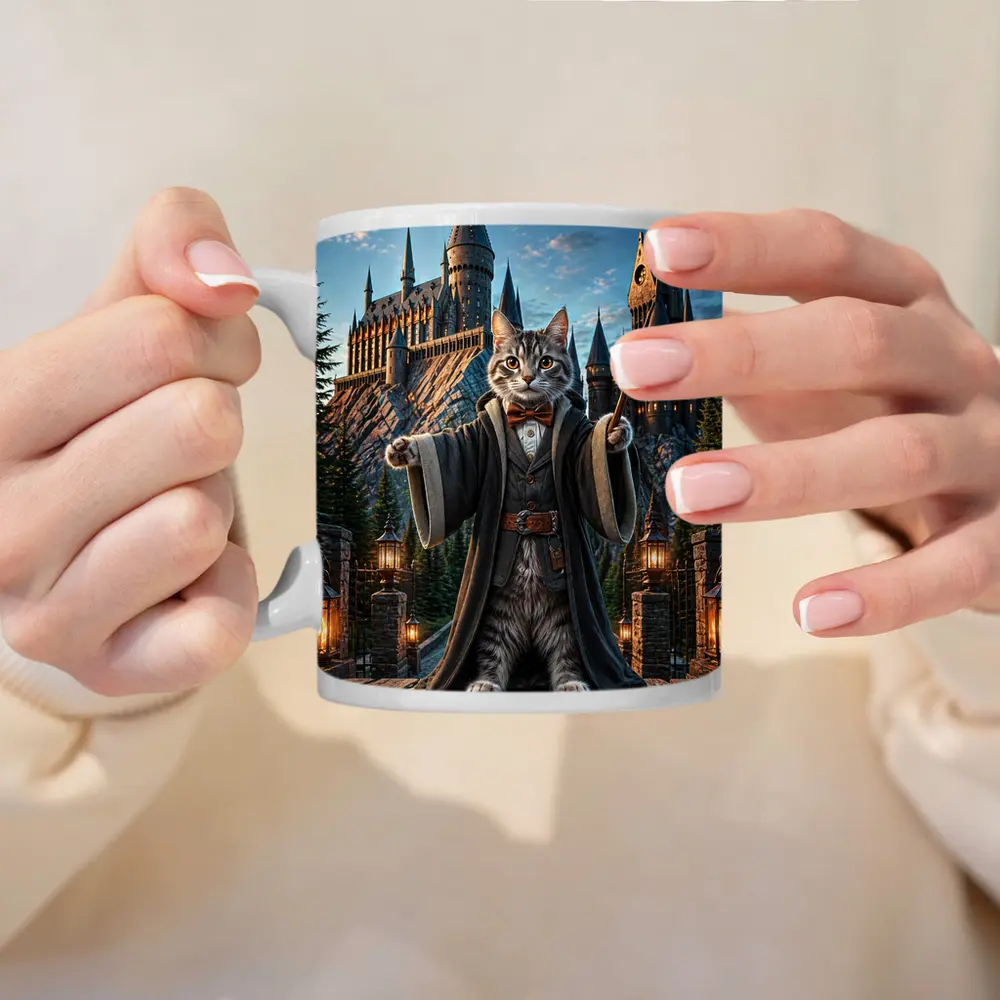 Wizard Cat Standing Before Magic Castle – Mugs