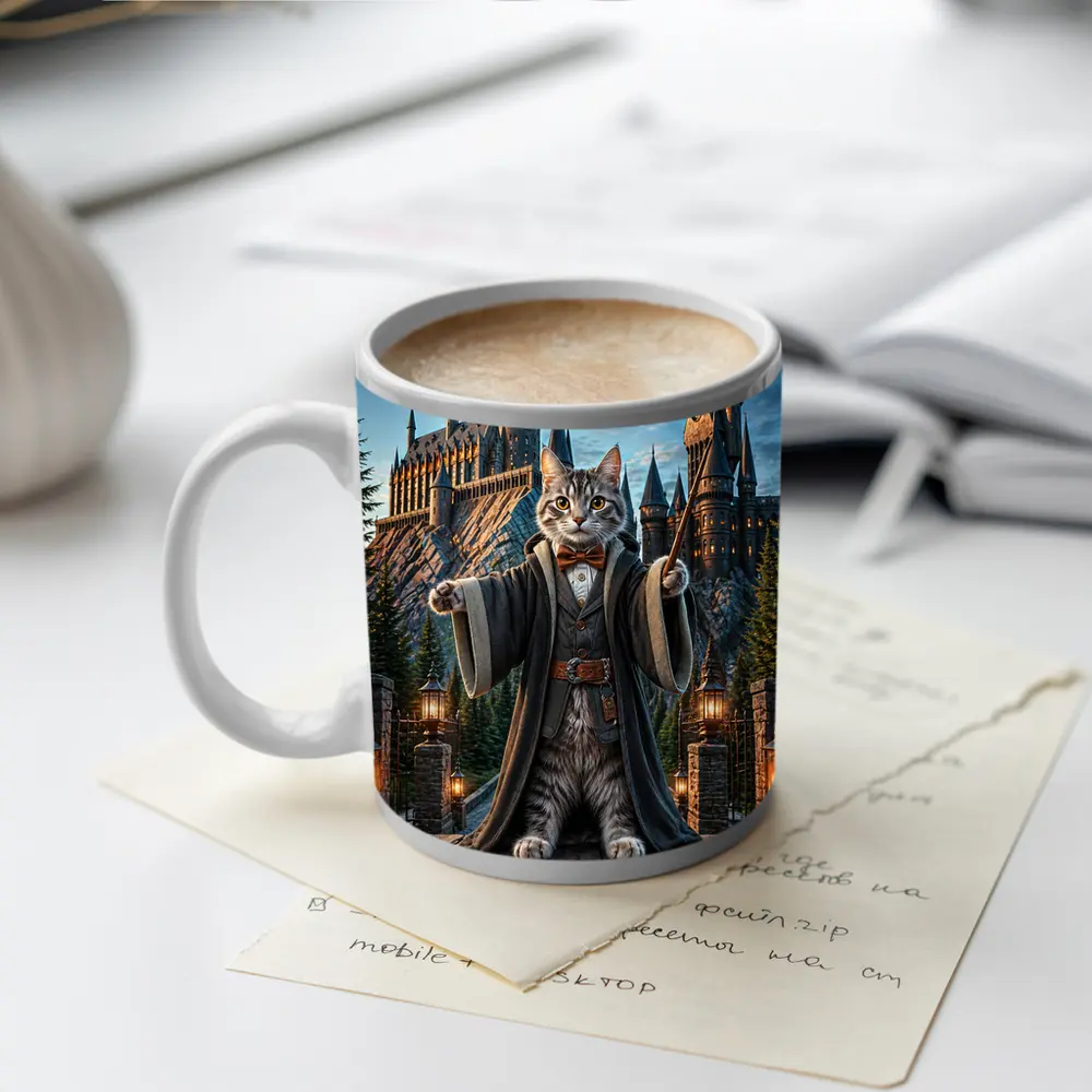 Wizard Cat Standing Before Magic Castle – Mugs