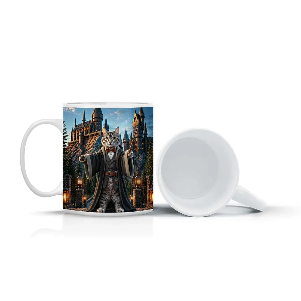 Wizard Cat Standing Before Magic Castle – Mugs