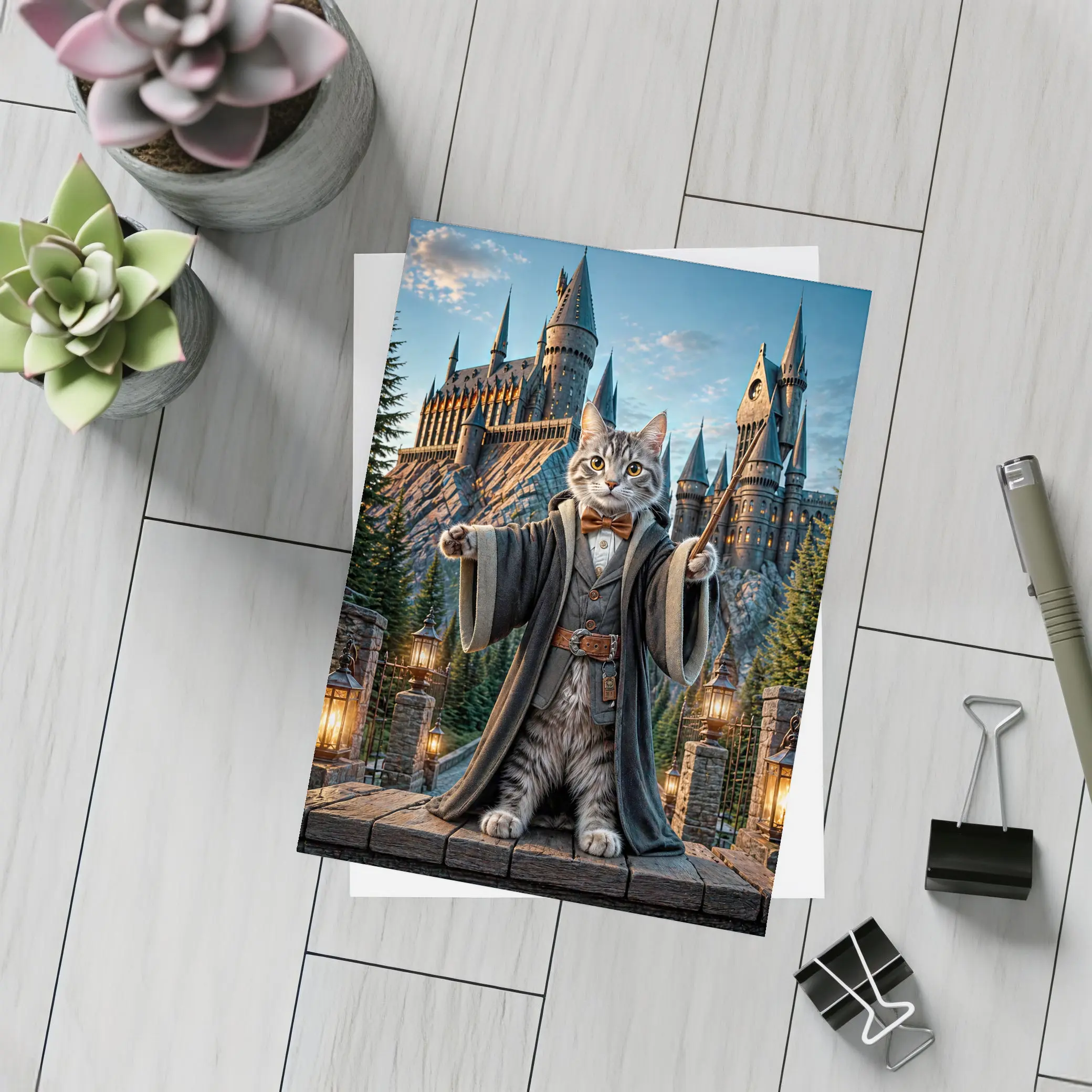 Wizard Cat Standing Before Magic Castle – Postcards