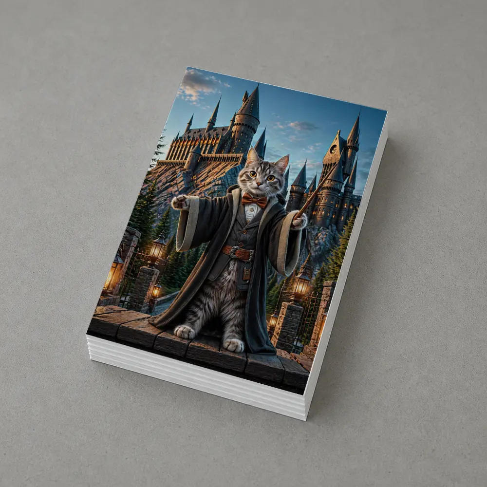 Wizard Cat Standing Before Magic Castle – Postcards