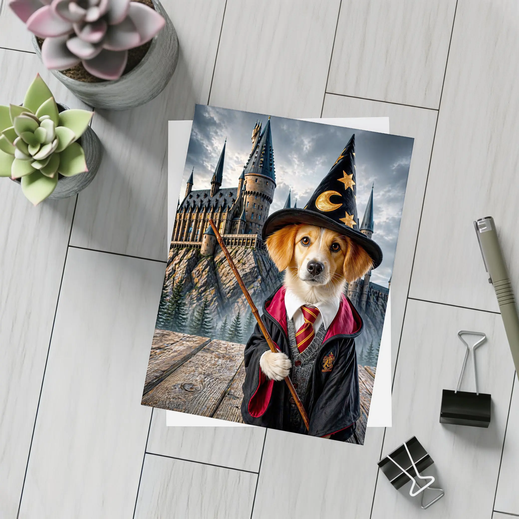 Wizard Dog in Fantasy Castle Setting – Postcards