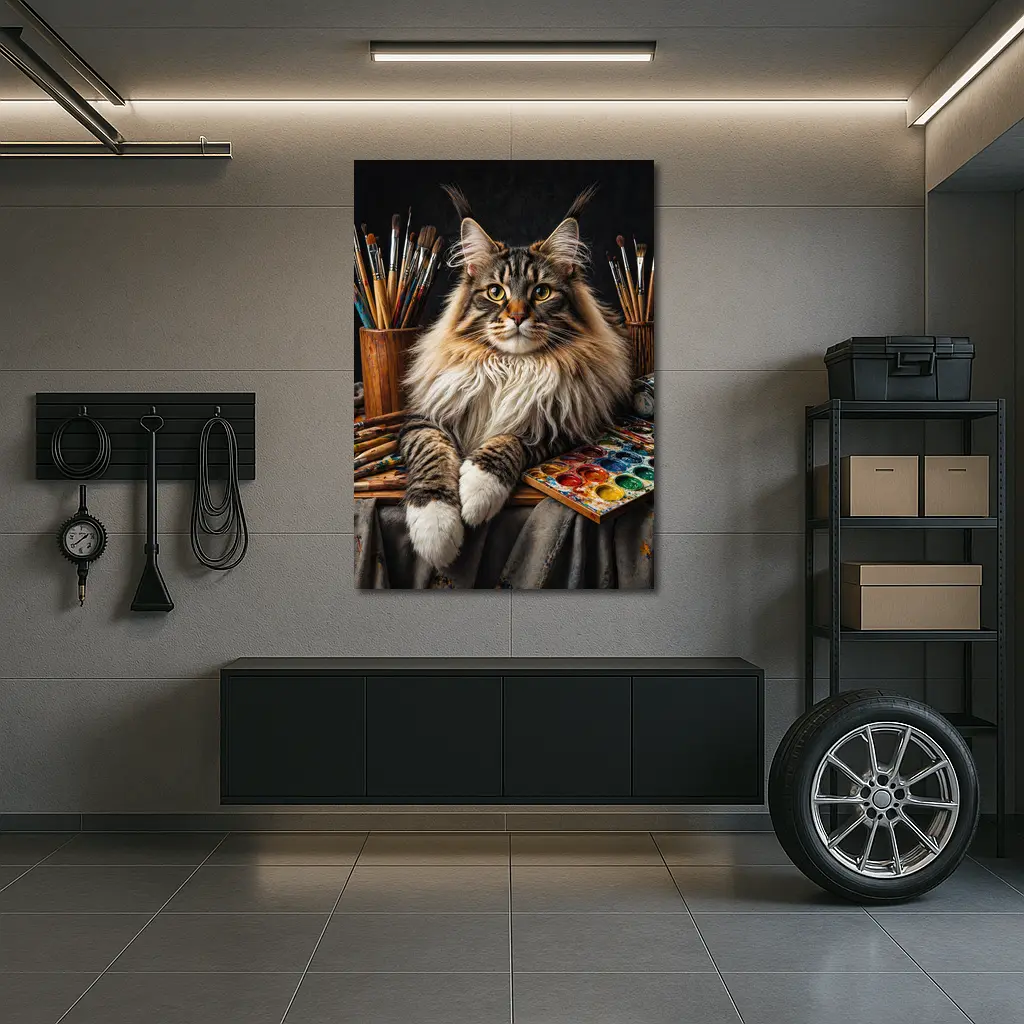 Maine Coon Cat Among Artist Painting Supplies – Wall Art
