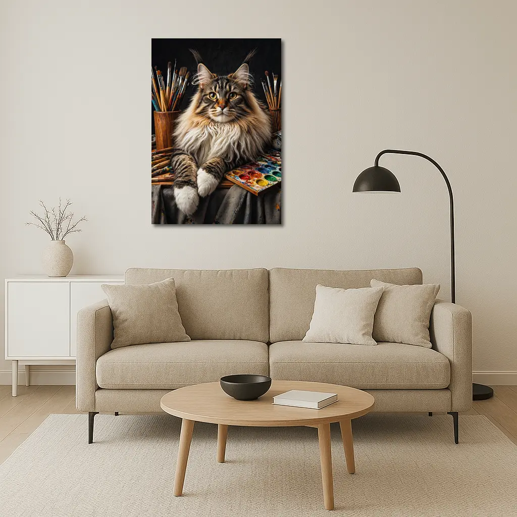 Maine Coon Cat Among Artist Painting Supplies – Wall Art
