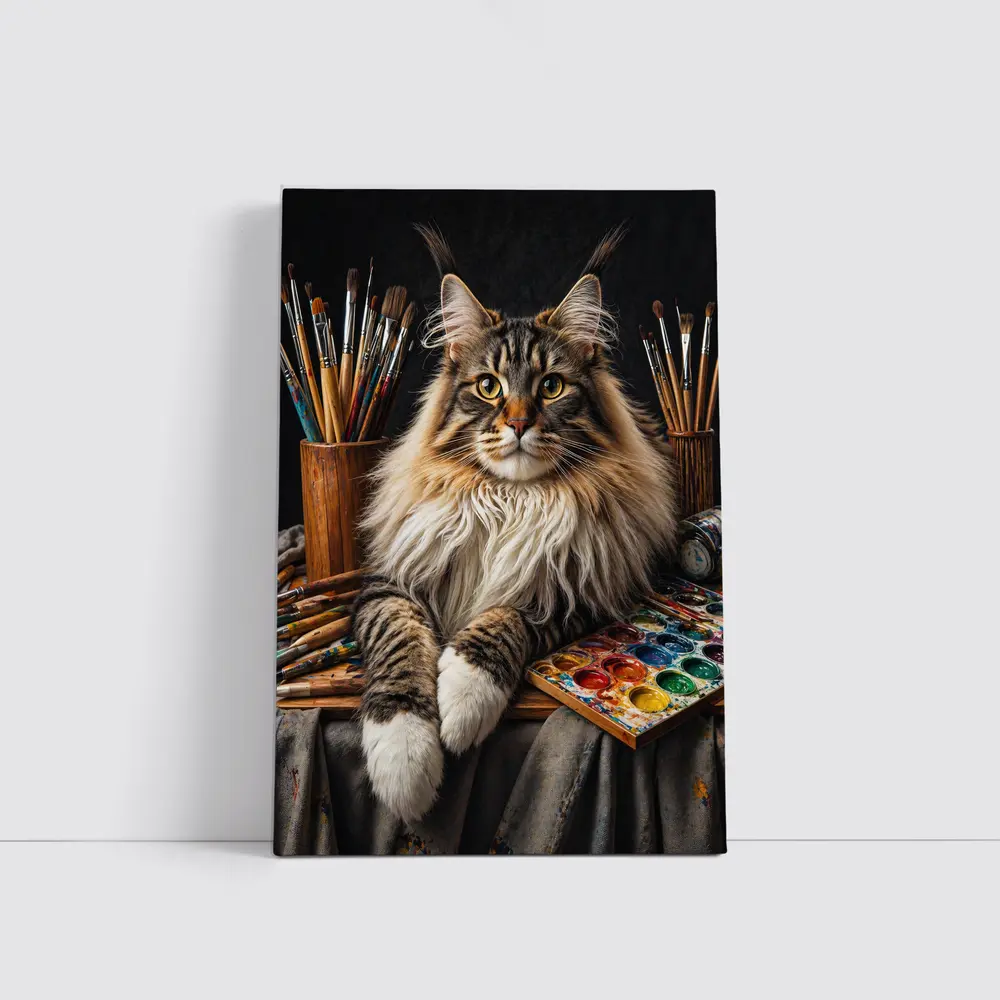 Maine Coon Cat Among Artist Painting Supplies – Wall Art
