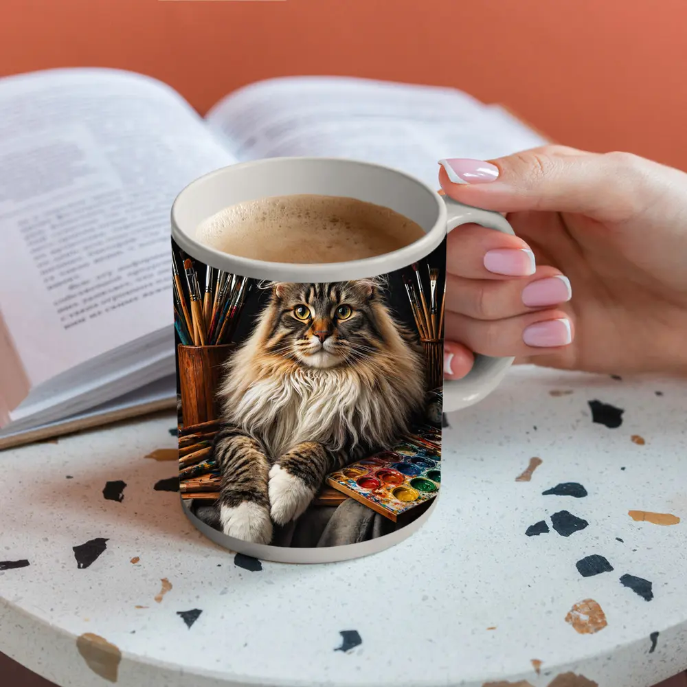 Maine Coon Cat Among Artist Painting Supplies – Mugs