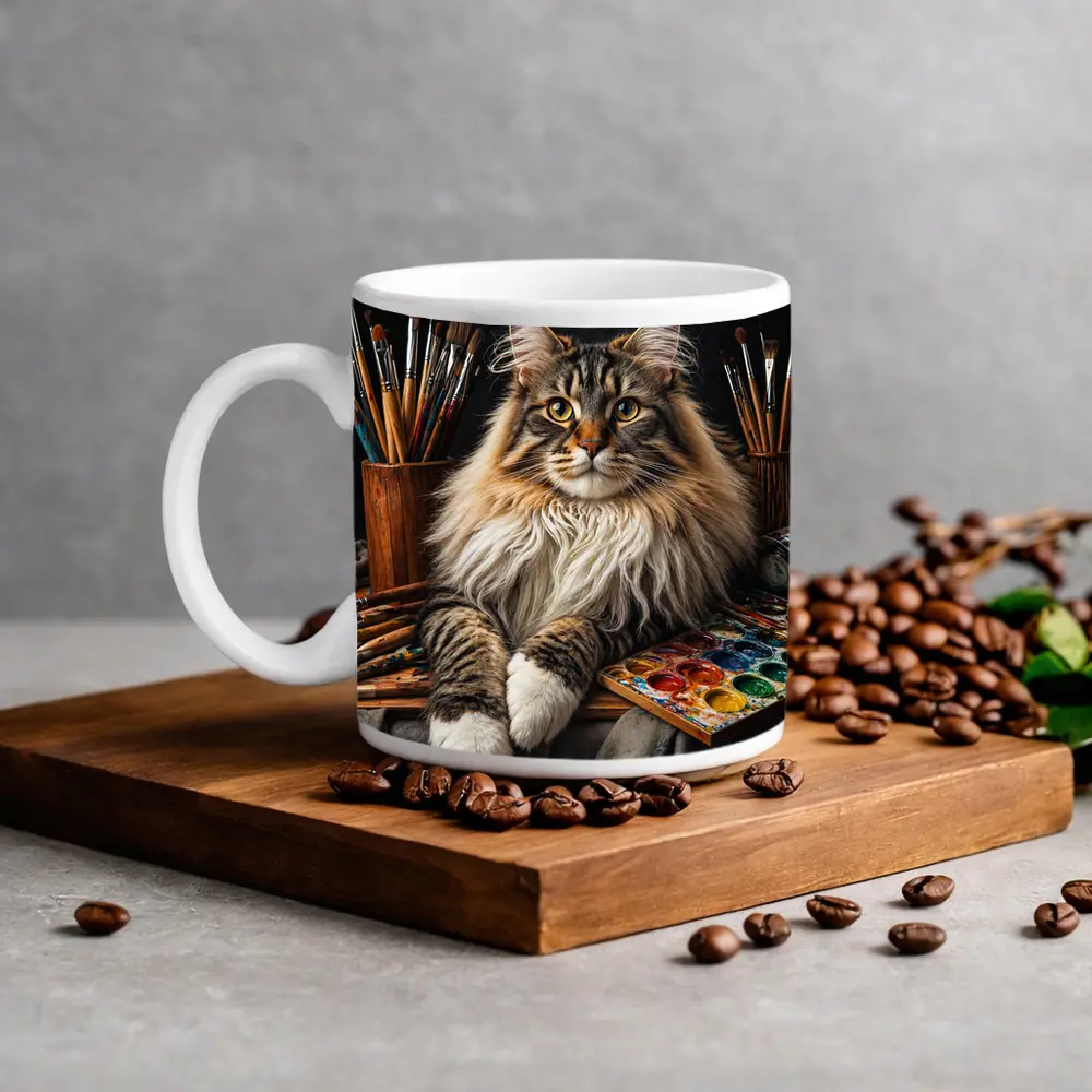 Maine Coon Cat Among Artist Painting Supplies – Mugs